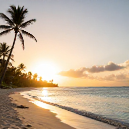 Caribbean Holidays, Barbados January Holidays, Sunrise over a calm Caribbean beach in Barbados, with soft golden light, palm trees and gently rippling turquoise water