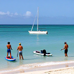 Caribbean Holidays, Barbados January Holidays, Visitors enjoying a Barbados beach holiday with paddleboards, snorkelling equipment and a small sailing boat on clear turquoise water