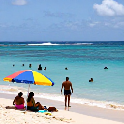 Caribbean Holidays, Barbados January Holidays, Visitors swimming in clear Caribbean water and relaxing on a beautiful Barbados beach, with colourful umbrellas and gentle waves