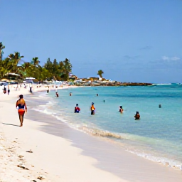 Caribbean Holidays, Barbados January Holidays, Visitors swimming in clear sea and walking along a sandy beach on the west coast of Barbados, palm trees and calm water