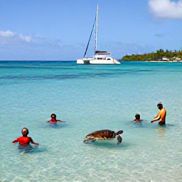 Caribbean Holidays, Barbados January Holidays, Visitors swimming with sea turtles in clear Barbados water near a catamaran, with the island coastline visible in the background