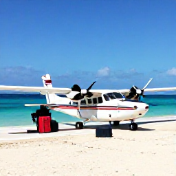 Caribbean Holidays, Barbados January Tours, A Caribbean travel scene with a small aircraft or ferry departing Barbados, luggage ready and blue island waters in the background