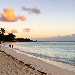 Caribbean Holidays, Barbados January Tours, A picturesque west coast Barbados beach at sunset, with calm blue water, soft sand and visitors enjoying a relaxed evening