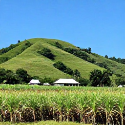 Caribbean Holidays, Barbados January Tours, A scenic Barbados landscape showing green hills, sugar cane fields and a traditional plantation house beneath a clear blue sky