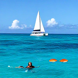 Caribbean Holidays, Barbados January Tours, Catamaran sailing along the west coast of Barbados with snorkellers, colourful fish, clear blue sea and a bright Caribbean sky