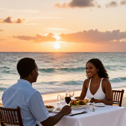 Caribbean Holidays, Barbados January Tours, Elegant sunset dinner beside the sea in Barbados, with local food, soft evening light and a relaxed holiday atmosphere