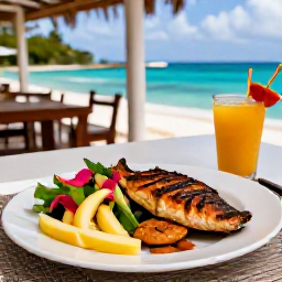 Caribbean Holidays, Barbados January Wellness, Fresh healthy Barbadian meal with grilled fish, colourful salad, tropical fruit and a sea view at a relaxed restaurant