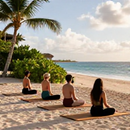 Caribbean Holidays, Barbados January Wellness, Outdoor yoga session on a quiet Barbados beach, tropical greenery, wooden mats, calm sea and warm January sunshine