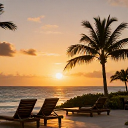 Caribbean Holidays, Barbados January Wellness, Peaceful Barbados sunset from a quiet coastal terrace, comfortable loungers, palm silhouettes and warm golden sky