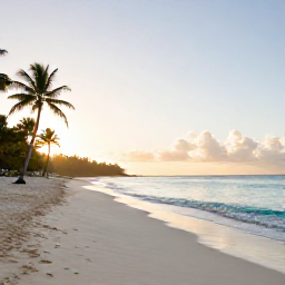 Caribbean Holidays, Barbados January Wellness, Quiet Barbados beach at sunrise in January, calm turquoise sea, pale sand, a few palm trees and soft morning light