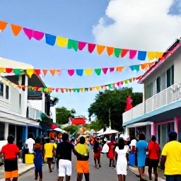 Caribbean Holidays, Barbados July Breaks, Festive Barbados street scene in July with colourful decorations, live music, dancers and crowds celebrating Crop Over in Bridgetown