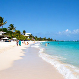 Caribbean Holidays, Barbados July Breaks, Golden Carlisle Bay beach near Bridgetown, Barbados, with calm turquoise water, white sand, palm trees and people swimming and relaxing