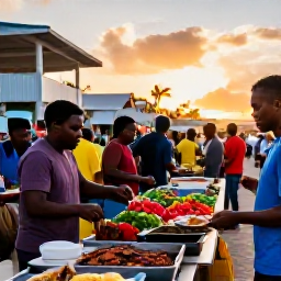 Caribbean Holidays, Barbados July Breaks, Outdoor Bajan food market in Bridgetown at sunset, with grilled fish, flying fish, colourful produce, friendly vendors and visitors enjoying local food