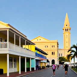 Caribbean Holidays, Barbados July Breaks, Visitors walking through historic Bridgetown, Barbados, past colonial buildings, colourful shopfronts and the Parliament Buildings in warm afternoon light