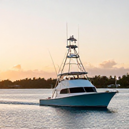 Caribbean Holidays, Barbados July Fishing, A sport fishing boat leaving Bridgetown harbour at sunrise, calm Caribbean Sea, Barbados coastline in the background