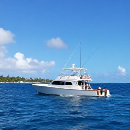 Caribbean Holidays, Barbados July Fishing, Anglers aboard a modern fishing charter near Barbados, rods out over deep blue water, tropical sky and distant island coast