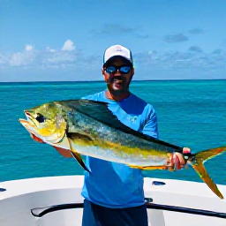 Caribbean Holidays, Barbados July Fishing, Friendly fishing crew helping holidaymakers land a mahi-mahi on a Barbados charter boat, clear turquoise sea and sunny weather