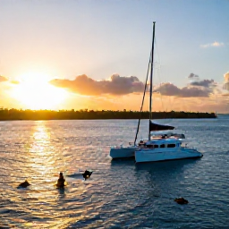 Caribbean Holidays, Barbados July Holidays, Barbados catamaran cruise with snorkellers near sea turtles, blue water and a golden west coast sunset