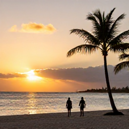 Caribbean Holidays, Barbados July Holidays, Barbados sunset over a calm beach with palm trees, a couple walking along the shore and warm golden evening light