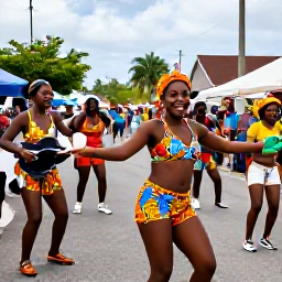 Caribbean Holidays, Barbados July Holidays, Colourful Crop Over festival scene in Barbados with dancers, music, patterned costumes and a cheerful street crowd