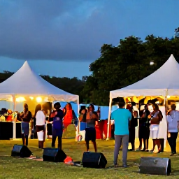 Caribbean Holidays, Barbados July Holidays, Evening Crop Over celebration in Barbados with live music, dancing and warmly lit festival stalls