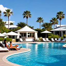 Caribbean Holidays, Barbados July Holidays, Guests relaxing beside a Barbados all-inclusive hotel pool with tropical gardens, sun loungers and a swim-up bar