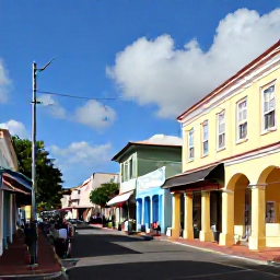 Caribbean Holidays, Barbados July Holidays, Historic Bridgetown street scene in Barbados with colonial buildings, visitors exploring and colourful local shops
