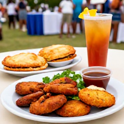 Caribbean Holidays, Barbados July Holidays, Traditional Barbadian food served at an outdoor festival, including flying fish, fish cakes, macaroni pie and tropical drinks