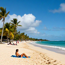 Caribbean Holidays, Barbados July Holidays, Visitors enjoying a relaxed golden-sand beach in Barbados during warm July sunshine, with turquoise sea and palm trees