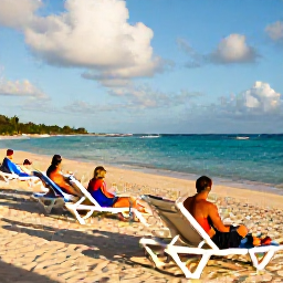 Caribbean Holidays, Barbados July Holidays, Visitors relaxing on Carlisle Bay beach in Barbados, calm clear water, sun loungers and gentle afternoon sunshine