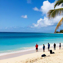 Caribbean Holidays, Barbados June Adventures, A bright Barbados coastline in June with turquoise sea, golden sand, palm trees and a small group of travellers preparing for outdoor activities