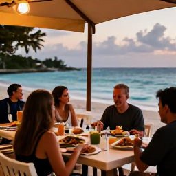 Caribbean Holidays, Barbados June Adventures, A relaxed evening at a Barbados beachside restaurant with travellers enjoying local food, gentle sea views and warm twilight light