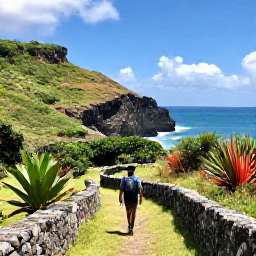 Caribbean Holidays, Barbados June Adventures, A traveller hiking through green Barbados countryside near a rugged coastline, with tropical plants, stone walls and distant sea views