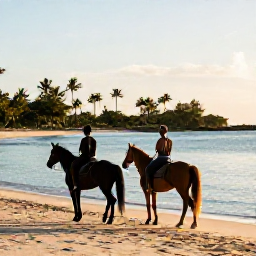 Caribbean Holidays, Barbados June Adventures, Visitors riding horses along a sandy Barbados beach in warm morning light, with calm blue water and palm trees in the background