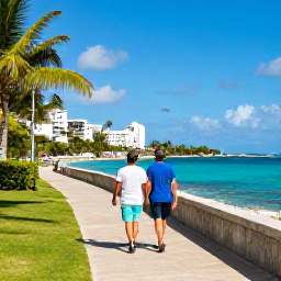 Caribbean Holidays, Barbados June Breaks, Couple enjoying a June city break in Barbados, walking beside the sea near Bridgetown with tropical greenery and bright Caribbean sunlight