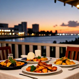 Caribbean Holidays, Barbados June Breaks, Outdoor table at a Barbados restaurant at sunset, serving fresh seafood and Bajan dishes with Bridgetown lights in the background