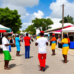 Caribbean Holidays, Barbados June Holidays, A colourful June festival scene in Bridgetown, Barbados, with local musicians, dancers, food stalls and visitors exploring the streets