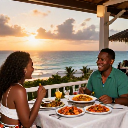 Caribbean Holidays, Barbados June Holidays, A couple dining at an open-air restaurant in Barbados at sunset, with fresh seafood, colourful local dishes and a view of the Caribbean Sea