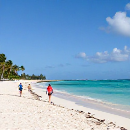 Caribbean Holidays, Barbados June Holidays, A relaxed Barbados beach scene in June, with turquoise water, pale sand, palm trees and a couple walking beside the sea