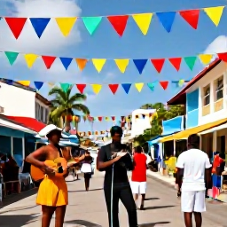 Caribbean Holidays, Barbados June Holidays, Colourful Barbados streets decorated for a traditional cultural festival in early summer, with local people, music and Caribbean atmosphere
