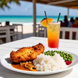Caribbean Holidays, Barbados June Holidays, Traditional Bajan food served at a relaxed seaside restaurant, including flying fish, fish cakes, rice and peas, with tropical drinks