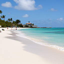 Caribbean Holidays, Barbados June Holidays, Visitors enjoying calm turquoise water and a sandy beach on the south coast of Barbados, with sun loungers and gentle waves
