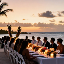 Caribbean Holidays, Barbados June Weddings, Barbados wedding reception at sunset with long dining table, candles, tropical flowers and guests overlooking the sea
