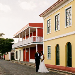 Caribbean Holidays, Barbados June Weddings, Bride and groom exploring historic Bridgetown in Barbados, with colourful buildings and warm afternoon light