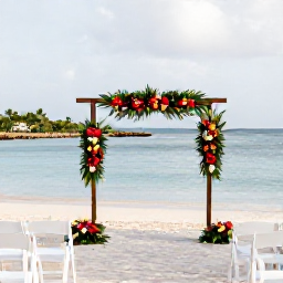 Caribbean Holidays, Barbados June Weddings, Elegant beach wedding ceremony in Barbados with white chairs, tropical flowers and calm blue water