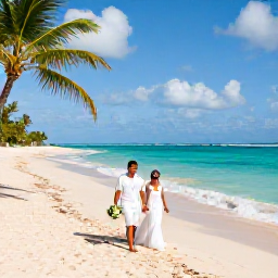 Caribbean Holidays, Barbados June Weddings, Newlywed couple walking along a sunny Barbados beach in June, with turquoise sea, soft sand and palm trees