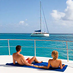 Caribbean Holidays, Barbados Luxury April, Couple relaxing on a luxury catamaran cruise beside the west coast of Barbados in bright April sunshine