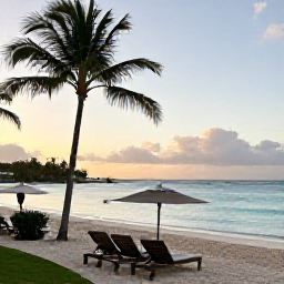 Caribbean Holidays, Barbados Luxury April, Luxury beachfront resort in Barbados at sunrise, with calm turquoise sea, palm trees and elegant sun loungers