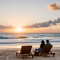 Caribbean Holidays, Barbados Luxury April, Quiet Barbados beach at sunset with luxury loungers, gentle waves and a couple enjoying the warm evening light