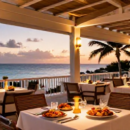 Caribbean Holidays, Barbados Luxury April, Upscale open-air restaurant in Barbados serving fresh seafood at sunset, with warm lighting and a view of the sea